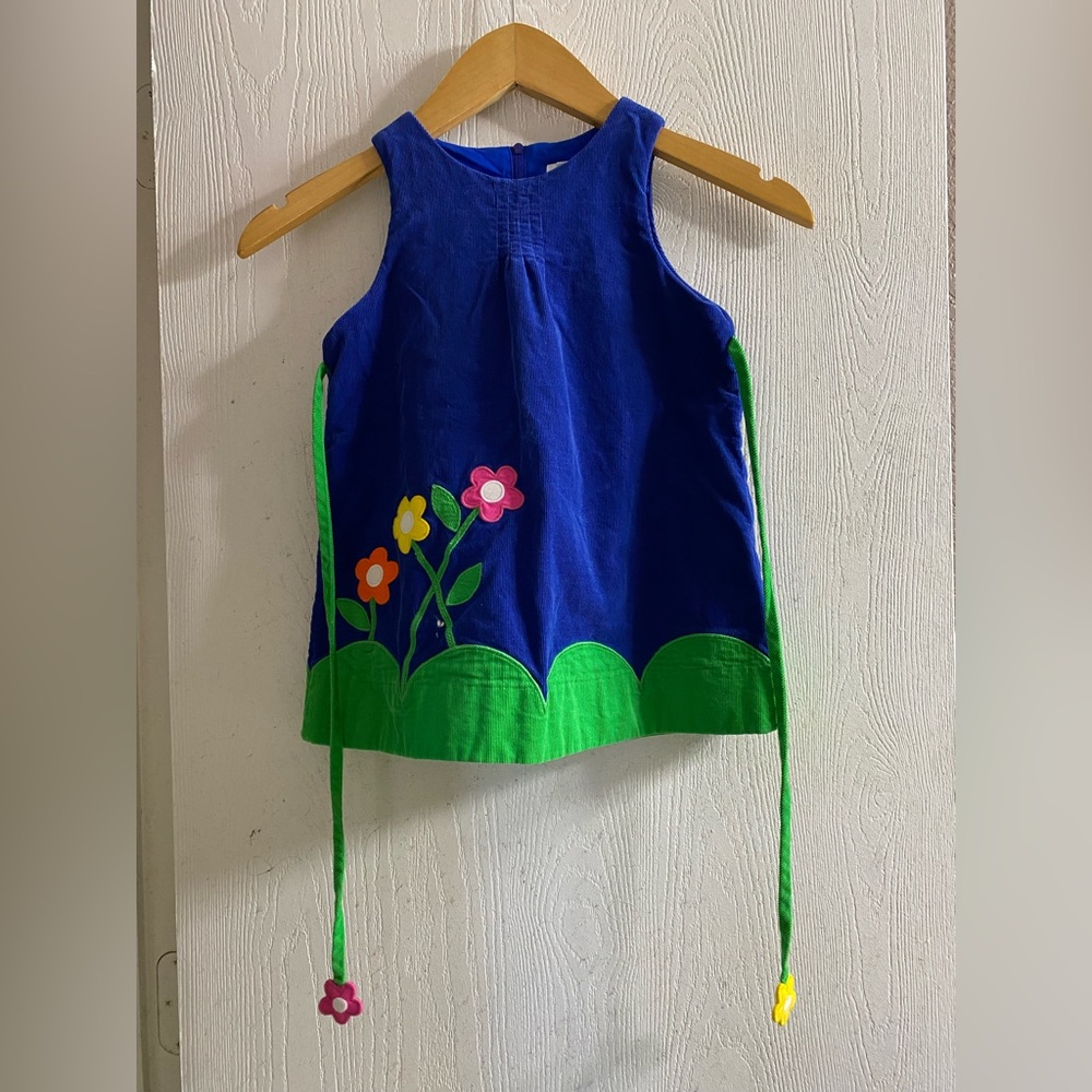 Florence Eiseman Vintage Blue Green Corduroy Flower Dress Girls Sz 3T